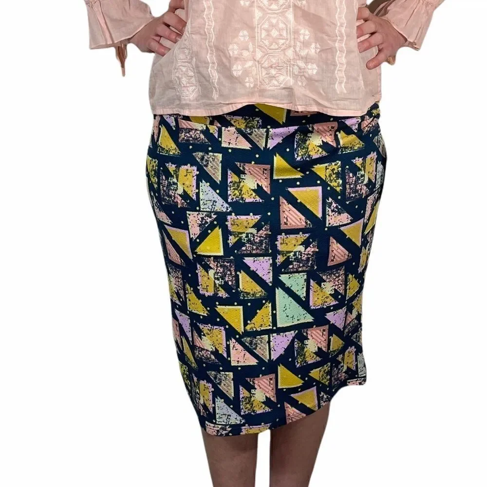 Lula Roe Blue and Yellow Triangle Pattern Skirt